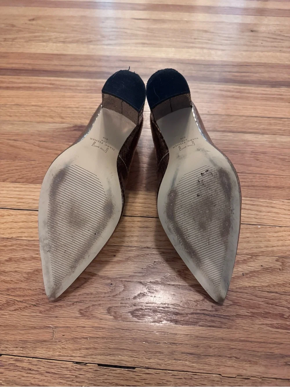 Marc Fisher Metallic Bronze Snakeskin Block Heel Pumps